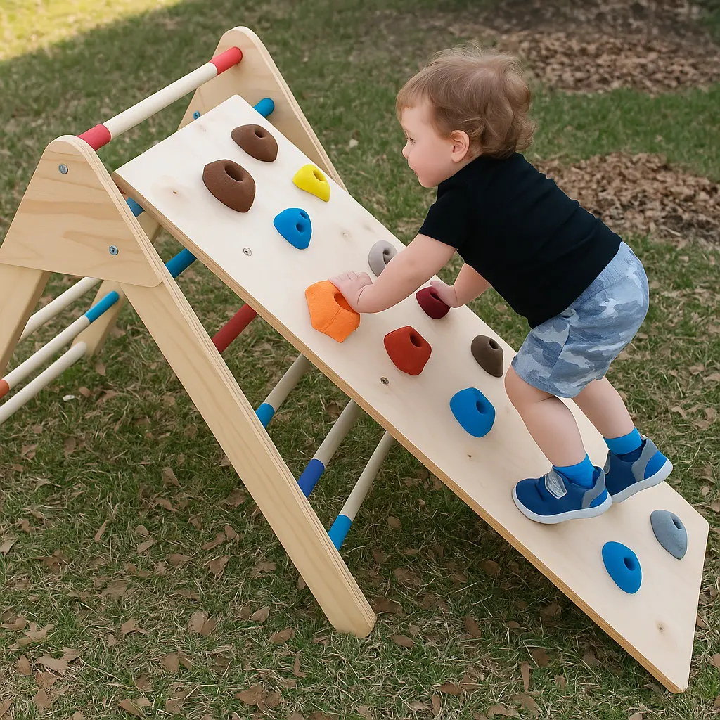 DIY Pikler Triangle in use - child climbing equipment for gross motor development